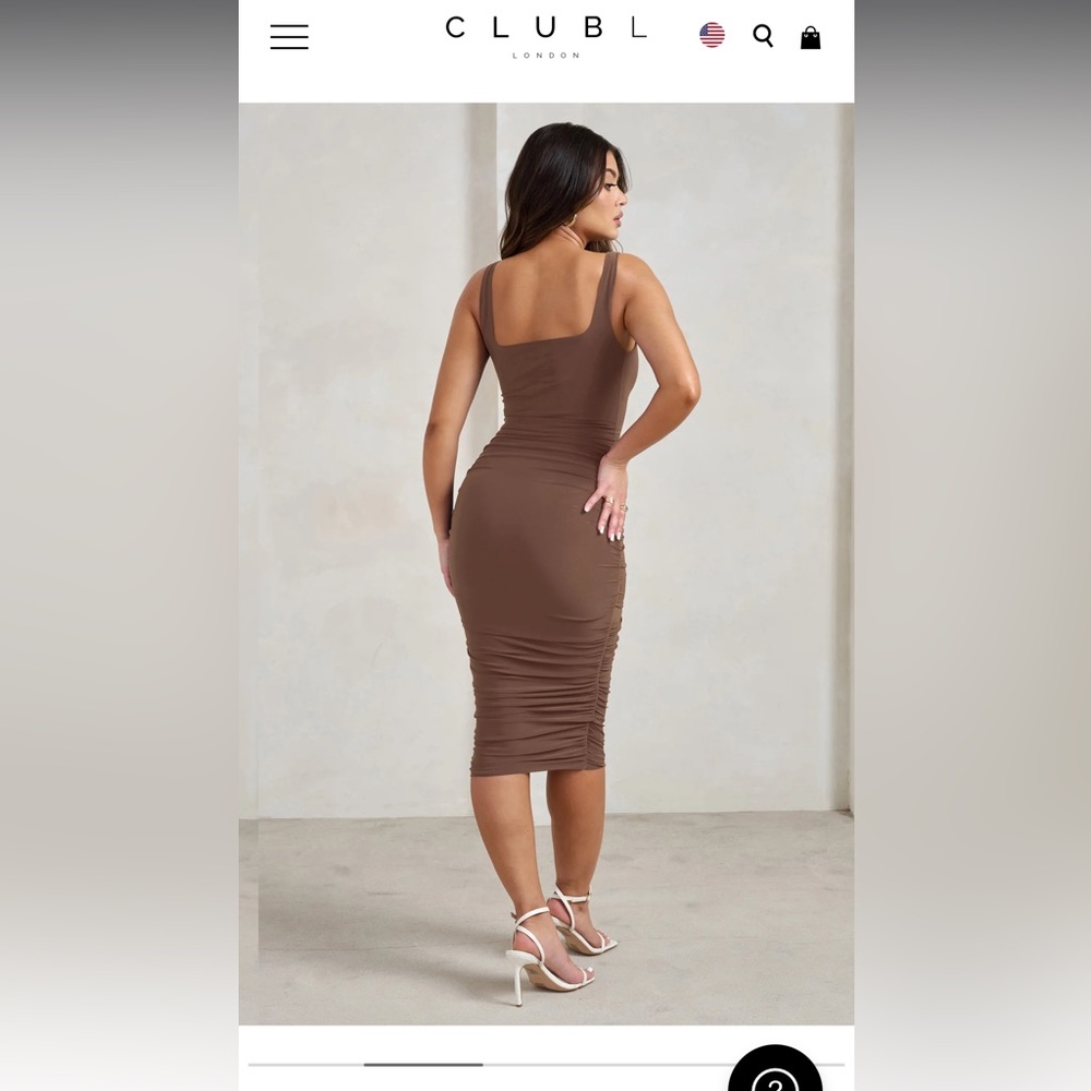 Lisbon | Chocolate Square
Neck Ruched Midi Dress